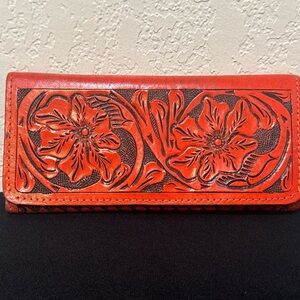 Red Tooled Leather floral wallet, Card, Money Holder, Multiple Pockets Zip Snap